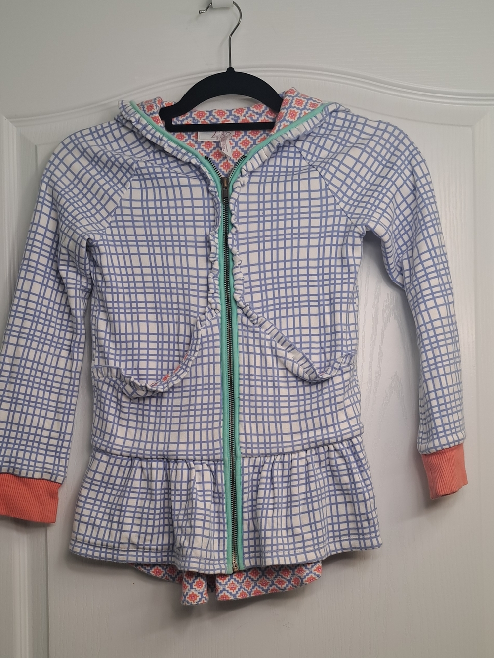 Girls' White & Blue Grid Zip Hoodie with Peach Accents 435 Matilda Jane